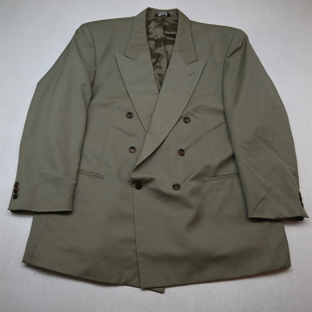 Vtg Italy Double Breasted 48R Khaki 100% Wool Strong Shoulder Blazer Sport Coat